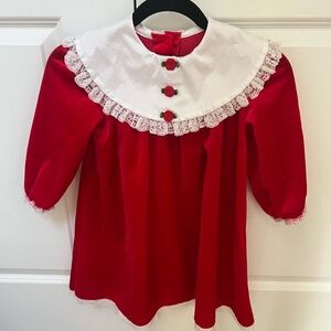 VINTAGE Girl’s Red Velvet Dress with White Lace Collar